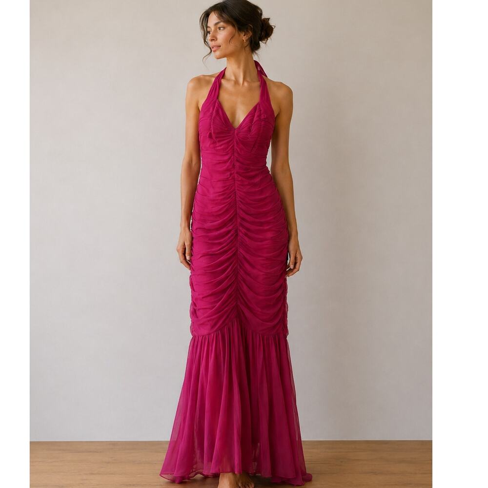 Tadashi Shoji Fuchsia Ruched Halter Mermaid Maxi Gown Formal Evening Size Small